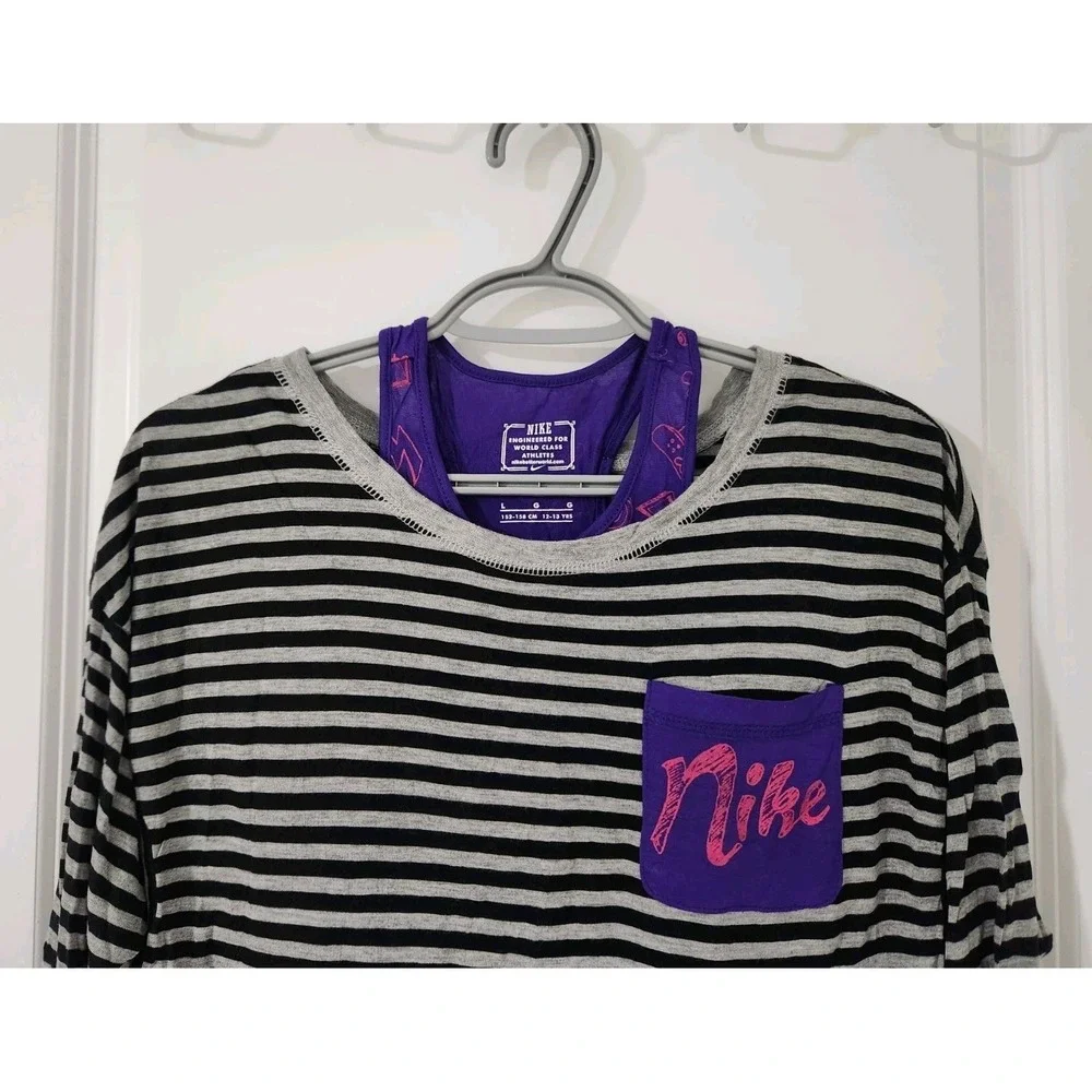 Nike Girls Gray Black Stripe‎ Purple Tank Tee Size L